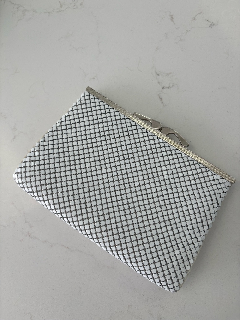 Jessica White Metal Mesh Evening Clutch Crossbody Bag | Y2K Party Wedding Formal